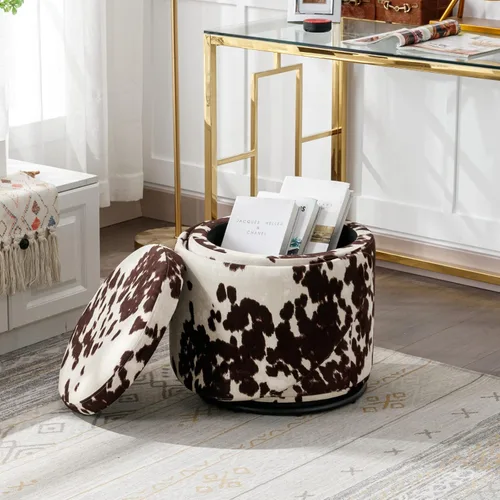 Miniatura 7 de LukeAlon Otomana de Maquillaje de Lino con Almacenamiento, Taburete de Tocador Giratorio Tapizado 360° con Respaldo Plegable, Reposapiés Cilíndrico