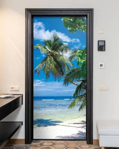 Miniatura 27 de FLFK Adhesivo de puerta - Playa y palmera, mural de pelar y pegar, tamaño combinado 36"x80", dividido en 2 piezas Mt2219