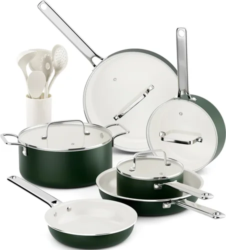 Miniatura 10 de Juego de ollas y sartenes antiadherentes - VONIKI Juego de utensilios de cocina de cerámica con juego de utensilios de cocina, juego de utensilios