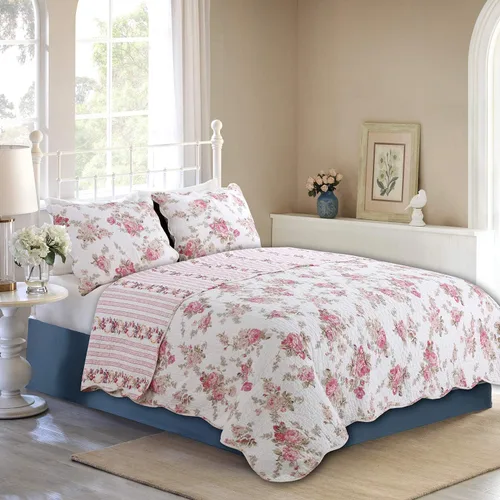 Miniatura 8 de Juego de cama de 3 piezas de edredón de algodón tamaño king, crema, flores de cerezo, floral, cian, azul, verde, ligero, reversible, cubrecama