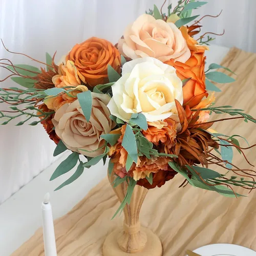 Miniatura 3 de Ramos de dama de honor para boda, juego de 6 ramos de flores artificiales para decoración de otoño, boda, propuesta de matrimonio, fiesta, Naranja