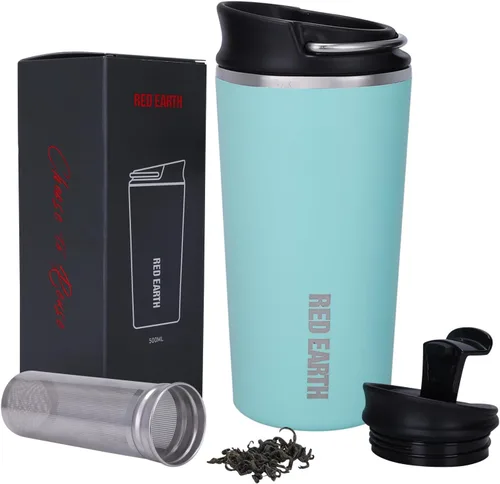 GiNT Taza de viaje de 17 onzas con infusor y dos tapas. Taza de café de viaje aislada al vacío de acero inoxidable 316. Taza de té apta para Verde