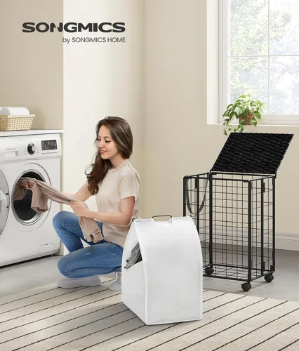Miniatura 2 de SONGMICS Cesta de lavandería de 90 litros con tapa, cesta de ropa con ruedas, bolsa de forro extraíble plegable, clasificador de ropa hecho