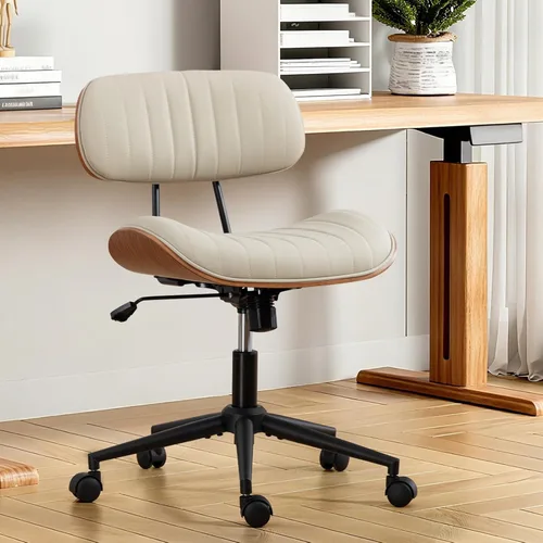 Miniatura 13 de Silla de oficina para el hogar Newnno con ruedas, silla de escritorio de altura ajustable con respaldo de ratán, silla de ordenador giratoria