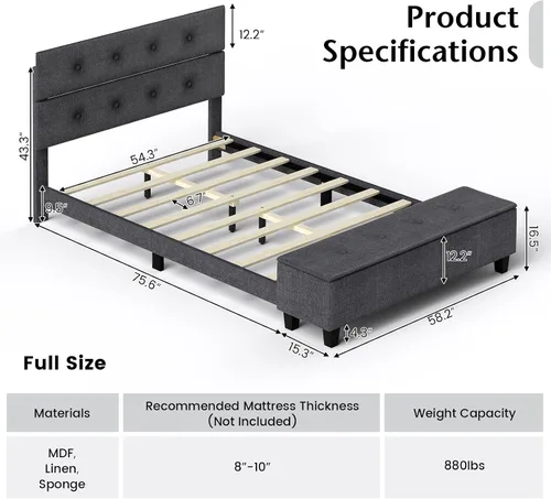 Miniatura 8 de Giantex Base de cama matrimonial con almacenamiento otomano, base de cama tapizada de lino con cabecero capitonado con botones y 4 patas de soporte