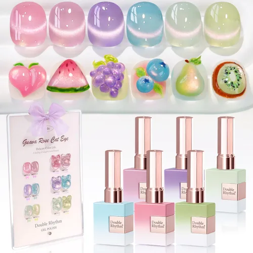 Miniatura 14 de Double Rhythm - Juego de esmalte de uñas de gel ojo de gato de 6 unidades, mismo color, misma botella, 14.8 ml, brillo con glitter, con imán
