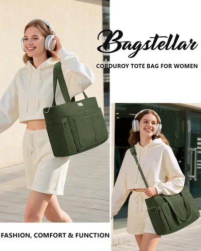 Miniatura 8 de Bolsa tote de pana para mujeres, 17 bolsillos para laptop de trabajo, ligera, para maestras, enfermeras, bolsa de hombro bíblica para escuela