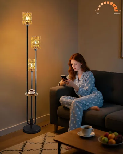 Miniatura 19 de Lámpara de pie regulable dorada con mesa, lámparas de pie modernas con pantallas de hongos para sala de estar, lámpara de pie alta blanca cálida