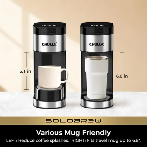 Miniatura 7 de CHULUX SoloBrew Cafetera de una sola porción, para taza K y molida, 3 tamaños de preparación con botón fuerte y función de hielo, depósito extraíble