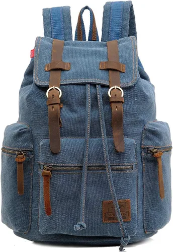 Miniatura 11 de HuaChen Mochila de viaje de lona vintage con ribete de cuero, funda acolchada para laptop, bolsillo de seguridad trasero oculto, se adapta a 14