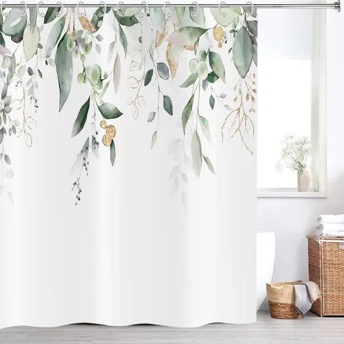 Miniatura 3 de Cortina de ducha de hoja de eucalipto, hojas verde salvia y doradas, plantas de acuarela en la parte superior, cortina de baño de tela con fondo