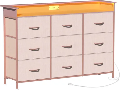 Miniatura 13 de EXOTICA Cómoda con estación de carga, 9 cajones para dormitorio con luces LED, cómoda de tela alta y ancha para armario, pasillo, entrada, marco