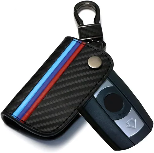 Miniatura 5 de iJDMTOY Emblemático llavero de cuero con patrón de fibra de carbono negro de 3 colores con llavero compatible con el mando a distancia BMW