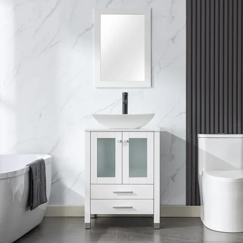 Miniatura 31 de LUCKWIND Combinación de tocador de baño de 24 pulgadas con lavabo, serie elegante con marco pintado, armario de almacenamiento de baño de dos