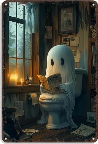 Letrero de metal de aluminio vintage para decoración de Halloween, arte de pared de baño con lindo periódico de lectura de fantasmas en el inodoro,