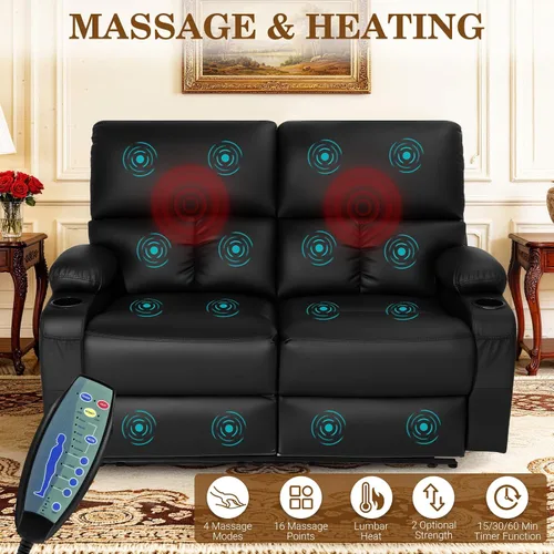Miniatura 3 de CHABATREE Sofá reclinable con masaje y calor, asiento de cine en casa, sofá biplaza reclinable manual para caravana con soportes USB/tazas