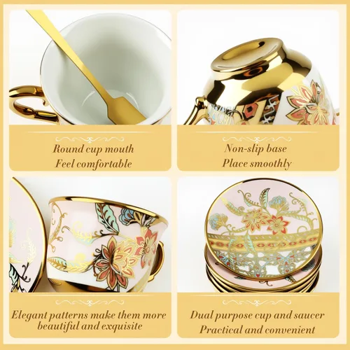 Miniatura 3 de Juego de 6 tazas de té y platillos, juego de té floral vintage de porcelana para expreso, café, moca, capuchino, fiesta de té de la tarde