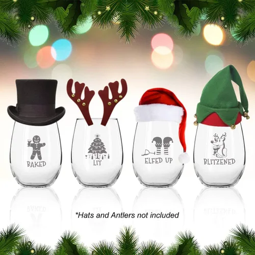 Miniatura 6 de Drunk Christmas - Juego de 4 copas de vino divertidas sin tallo Divertidas copas de vino temáticas de Navidad para fiestas de vacaciones 4