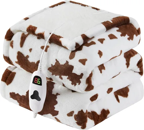 Manta eléctrica térmica, manta térmica de 50 x 60 pulgadas, color marrón, con 10 niveles de calor y 8 horas de apagado automático, estampado de vaca
