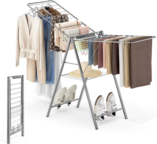 APEXCHASER Tendedero plegable para ropa de secado de ropa, estante de secado de ropa de metal plegable para toallas de suéter en interiores y Gris