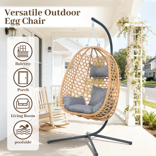 Miniatura 6 de Silla colgante de huevo con soporte y cojines, silla oscilante de ratán para todo tipo de clima para patio, balcón, jardín