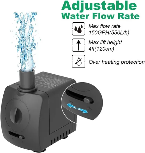 Miniatura 2 de Knifel Bomba sumergible de 150 GPH (550 L/H 9.5 W), ultra silenciosa con protección contra sobrecalentamiento, elevación de 4 pies de alto