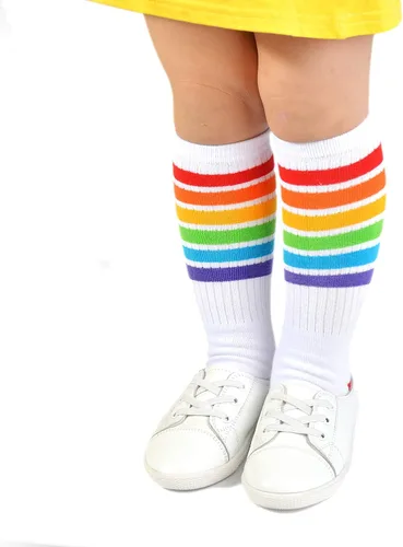 Miniatura 26 de EPEIUS Calcetines altos hasta la rodilla con rayas de arco iris para bebé, calcetines de tubo antideslizantes para uniforme de fútbol para niños