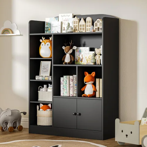 DIYART Estantería negra para niños, estantería para niños con 7 cubos y 2 gabinetes, estantes independientes de almacenamiento para dormitorio, sala