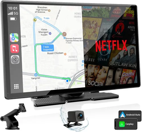 Volam Pantalla Carplay de 9 pulgadas con Net-Flix YouTube y cámara de respaldo AHD Pantalla Android Auto inalámbrica mejorada Caja de video portátil