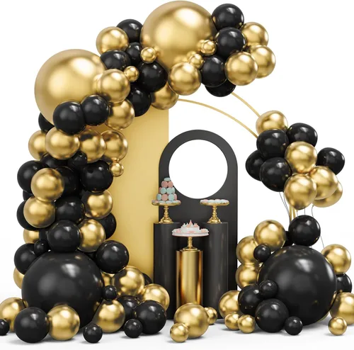 Kit de arco de guirnalda de globos de color dorado y negro, 134 globos metálicos dorados y negros con diferentes tamaños para graduación,