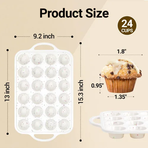 Miniatura 4 de FUNBAKY Molde de silicona para mini magdalenas, marco reforzado con metal, 24 tazas, antiadherente, moldes para mini cupcakes con asas, fáciles