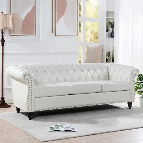 Miniatura 10 de Chesterfield - Sofá tapizado de piel sintética, con respaldo copetudo, sofá clásico de cuero de 3 plazas, brazo enrollado para sala de estar, Marrón