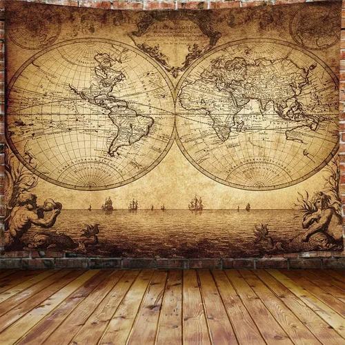 JAWO Tapiz vintage antiguo de mapa del mundo, mapa náutico retro de doble hemisferio para colgar en la pared, mapa del mundo antiguo, arte de pared