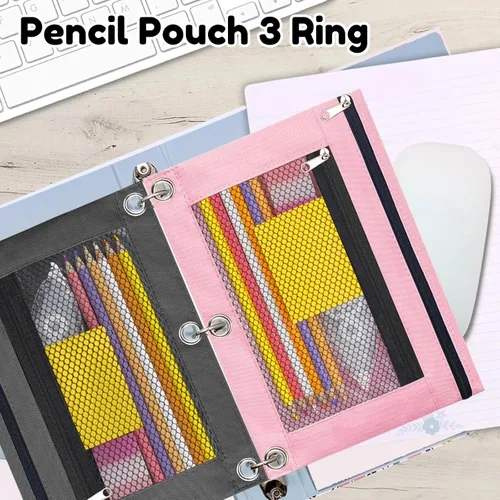 Miniatura 2 de Estuche para lápices con 3 anillas, con cremallera, estuche para cosméticos, paquete de 2