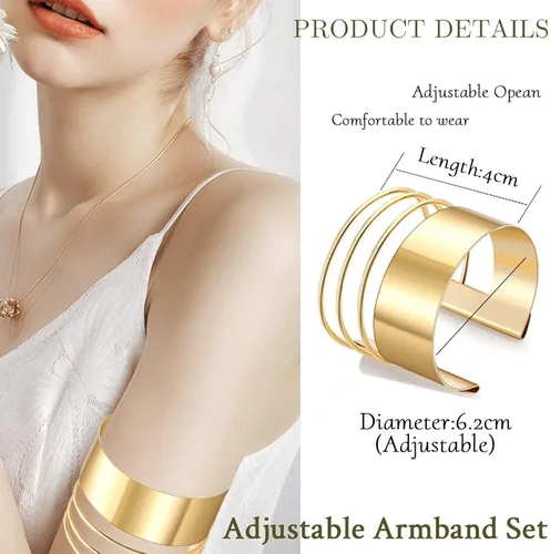 Miniatura 2 de SAMOCO 7 piezas de brazalete para mujer, brazalete de oro abierto, ancho ancho, brazalete ajustable, brazalete de muñeca, Sin gema