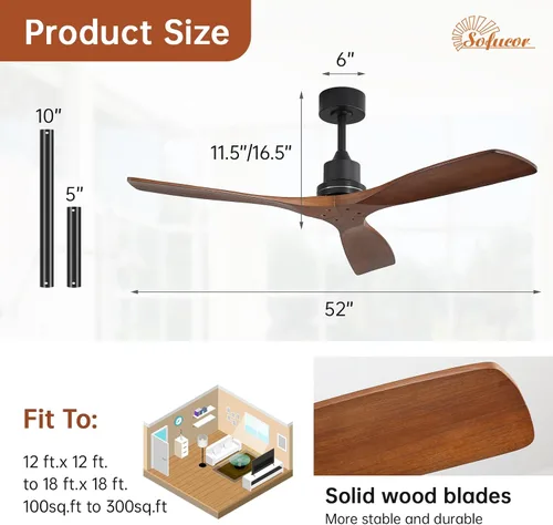Miniatura 7 de Sofucor - Ventilador de techo de 52 pulgadas sin luces, moderno, de madera maciza, con control remoto, 5000 CFM de alto flujo de aire, motor CC