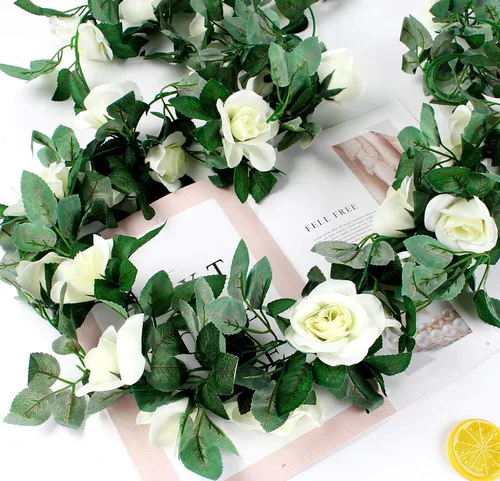 Miniatura 3 de Guirnalda de vid de rosas falsas de 16 pies, plantas colgantes de hiedra rosa, hogar, hotel, oficina, boda, fiesta, decoración de jardín