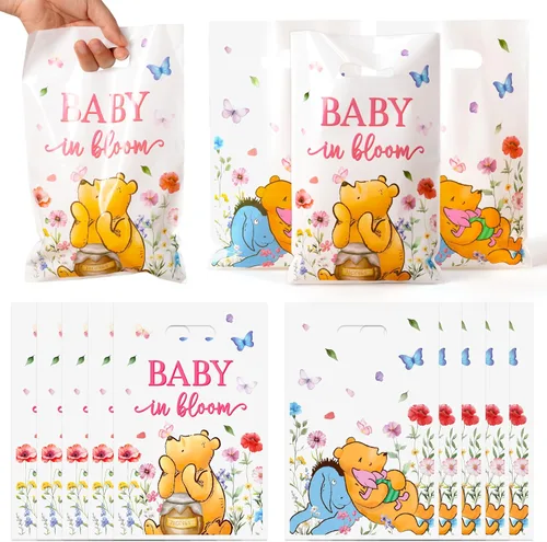 Miniatura 8 de 50 bolsas de regalo de plástico con diseño de dibujos animados kawaii de 6.5 x 10 pulgadas, con diseño de corazón de lazo y asas, para fiestas