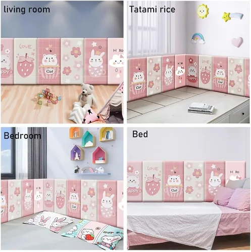 Miniatura 7 de Paneles de pared 3D autoadhesivos para cabecero de 70.86 pulgadas, diseño de dibujos animados suave anticolisión, acolchado decorativo de pared