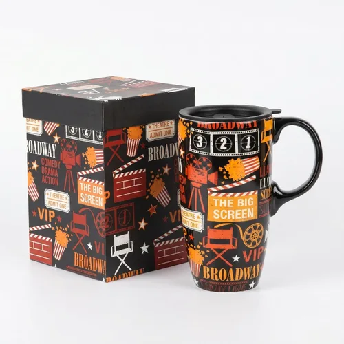 Topadorn Taza de cerámica de 17 onzas con tapa y caja de regalo, diseño vintage de Hollywood, diseño de palomitas de maíz, taza de café con temática