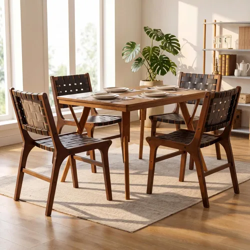 Woven Leather Dining Chairs Set of 4, Mid Century Modern Solid Wood Dining Room Chairs with Handwoven Leather Strap Seat, Armless Kitchen Side