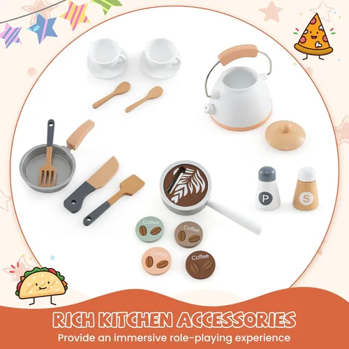 Miniatura 6 de HONEY JOY Cocina de Esquina de Juguete, Juego de Cocina de Madera para Niños Pequeños con Luces, Cafetera, Microondas, Fregadero, Grifo, Juego
