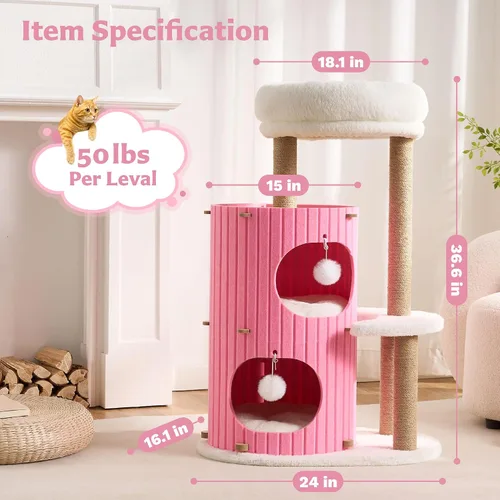 Miniatura 5 de Árbol moderno para gatos de interior para adultos, torre grande de árbol para gatos de 36 pulgadas de alto con postes rascadores, acogedora cueva