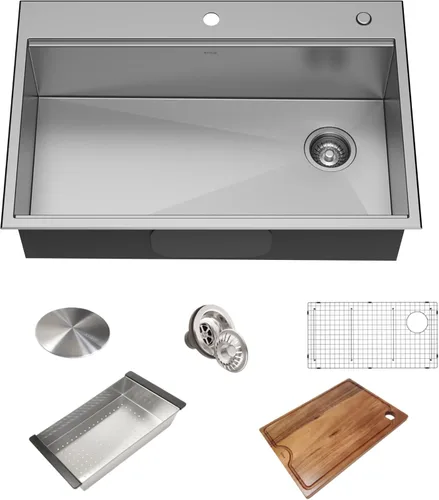 KRAUS KWT310-33/18 Kore - Fregadero de cocina con estación de trabajo de 33 pulgadas, empotrado, acero inoxidable de calibre 18, con reborde