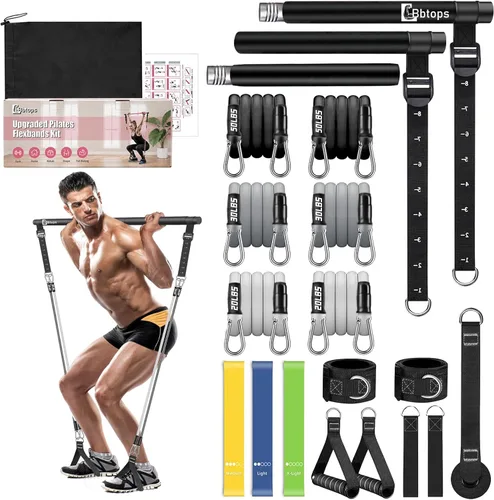 Kit de barra de pilates Bbtops con bandas de resistencia, barra de pilates con bandas apilables, equipo de entrenamiento para piernas, cadera, Negro