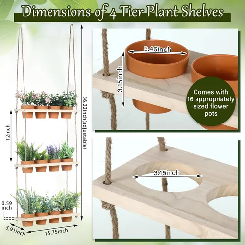Miniatura 2 de FillTouch Macetas colgantes de hierbas de 3 niveles para colgar en la pared de jardín de hierbas con 12 piezas de maceta vertical de madera