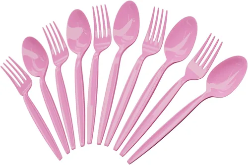 Miniatura 20 de Juego de cuchara y tenedor rosa intenso (50 cada uno) – Vajilla rosa intenso para fiestas, cubiertos de plástico duradero, cubiertos