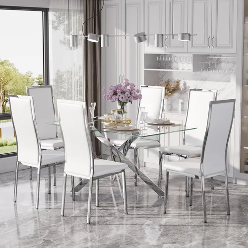Miniatura 31 de Juego de mesa de comedor de cristal dorado moderno de 63 pulgadas para 6, juego de mesa de cocina rectangular de 7 piezas con patas de acero Negro