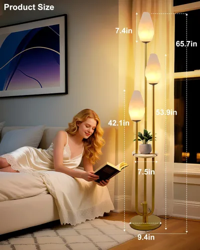 Miniatura 7 de Lámpara de pie dorada con bandeja, lámparas de pie regulables de 3 luces con pantalla en forma de roca, estilo portavelas único, lámpara de pie alta
