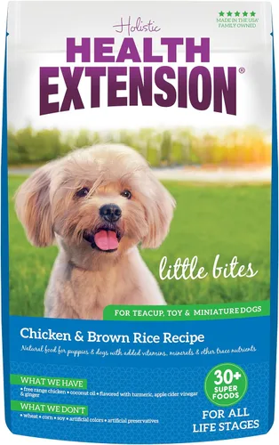 Health Extension Little Bites - Alimento seco para perros para razas pequeñas y de juguete, receta de pollo y arroz integral, con probióticos y
